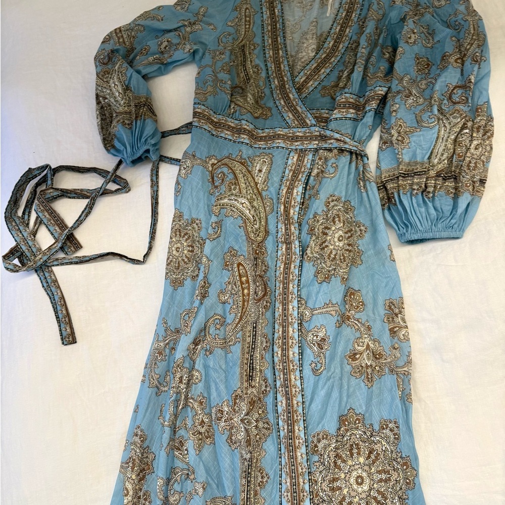 Zimmermann Blue Wrap Sundress with Bishop Sleeves